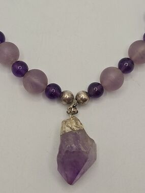 Amethyst Beaded Necklace Raw Crystal Point Pendant Purple Glass Beads 17.5"